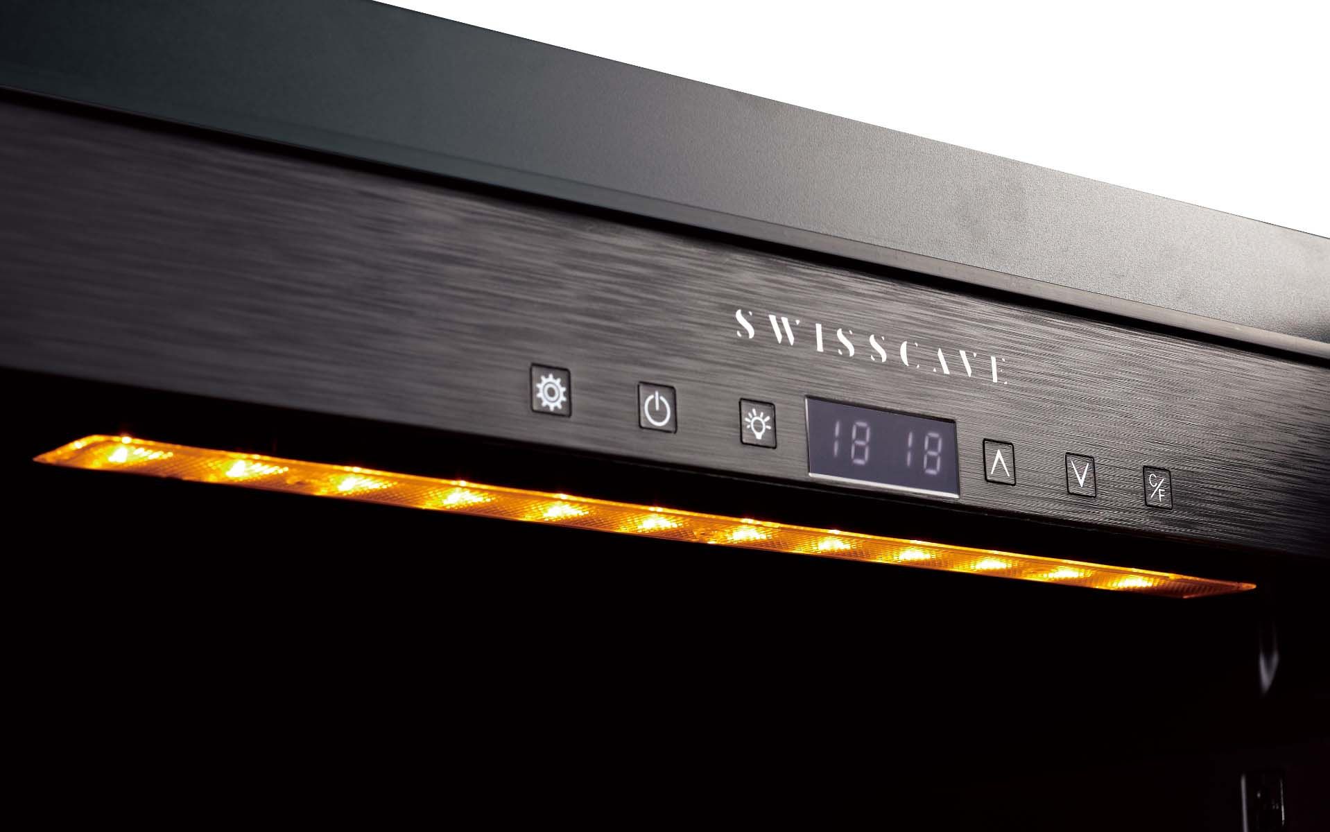 SWISSCAVE Schriftzug am Display mit amberfarbener Beleuchtung – WLB-360F-MIX PREMIUM EDITION