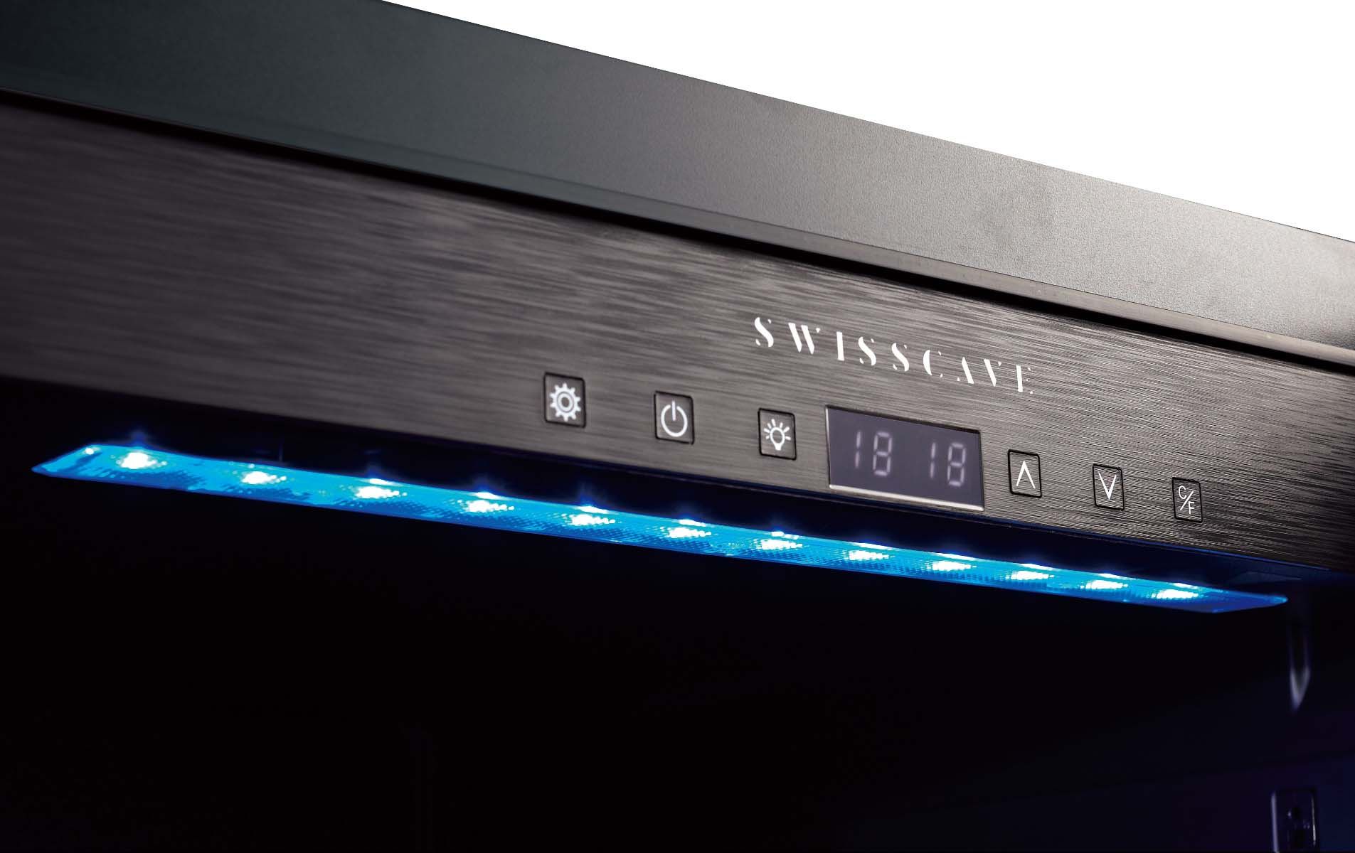 SWISSCAVE Schriftzug am Display mit blauer Beleuchtung – WLB-360F-MIX PREMIUM EDITION