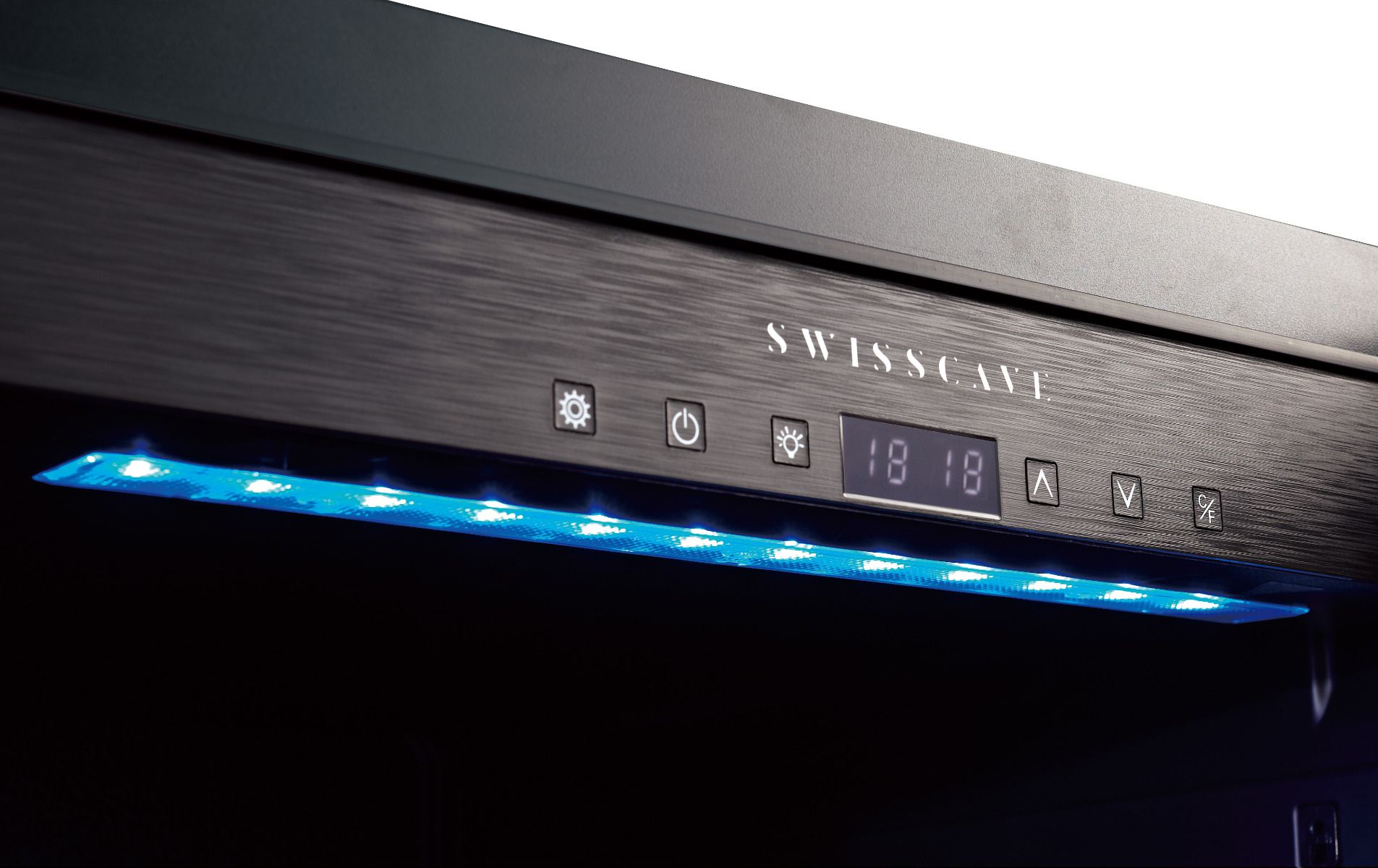 SWISSCAVE Schriftzug am Display mit blauer Beleuchtung – WLB-160F PREMIUM EDITION